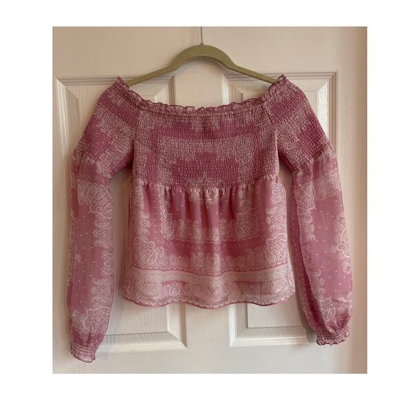 INTERMIX Silk Penelope Paisley Off-The-Shoulder smocked long sleeve Top small - Picture 7 of 13